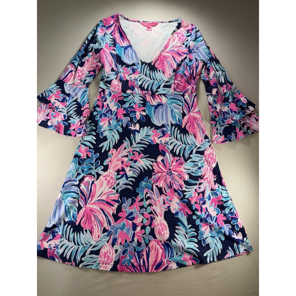Lilly Pulitzer Raina‎ Multi Garden Get A Way  3/4 Bell Sleeve Dress S  Designer - Picture 4 of 10